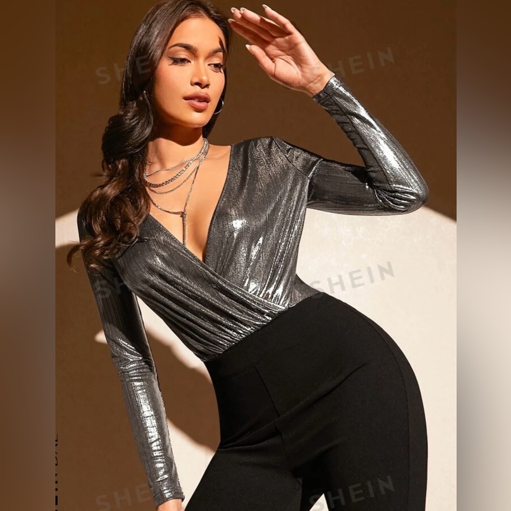 NWT Sexy Plunging Metallic Bodysuit
